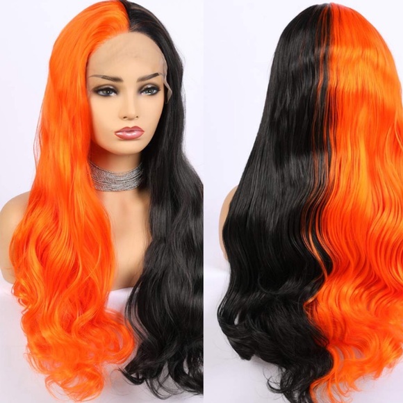 24” ORANGE &BLACK SPLIT DYE STRAIGHT LACEFRONT WIG main image 4